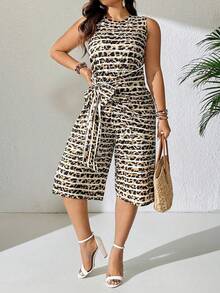Calvaya Plus Size Casual Leopard & Striped Print Tie-Up Romper - Multicolor - View 1