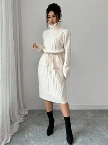 SHEIN Elenzya 女式纯色系带口袋优雅毛衣裙 - 米色 - 查看 5