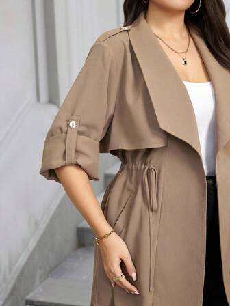 Modelyn Abrigos de trinchera de manga larga con cintura ceñida de unicolor para mujeres de talla grande, ropa de otoño e invierno para mujeres