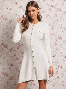 Enchnt 女式纯色圆领长袖单排扣休闲针织连衣裙 - 白色 - 查看 4