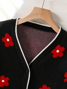 Cárdigan de punto de manga larga y media longitud con lazo y flor minimalista y lindo, estilo jacquard para niñas. Abrigo de suéter estilo jacquard mariposa roja. Moda de estilo callejero europeo y americano para otoño, Navidad. Suelto y versátil, cárdigan de botones de media longitud.