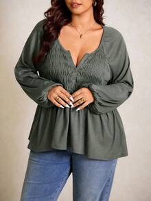 Elaquor Camiseta Casual Minimalista com Botões e Manga Farol, Plus Size, Outono - Verde - Visão 4