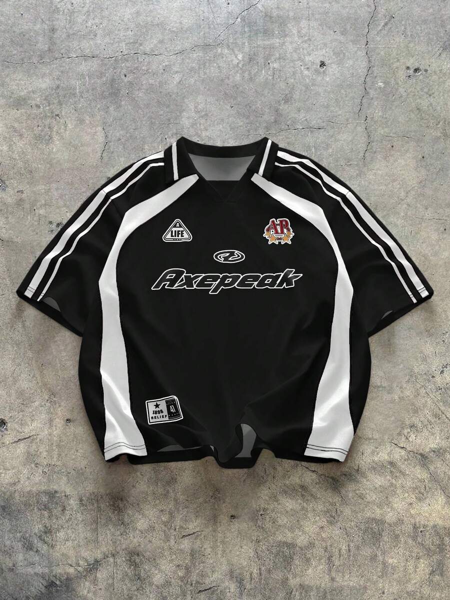 AXEPEAK 男士字母条纹短袖休闲通勤Polo衫 - 黑色 - 查看 1