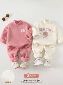 Cozy Pixies 4pcs Baby Girl Casual Set: Soft Knit Letter Pattern Turtleneck Sweatshirt & Elastic Waist Bell-Bottom Pants Fall Winter - Pink - View 7