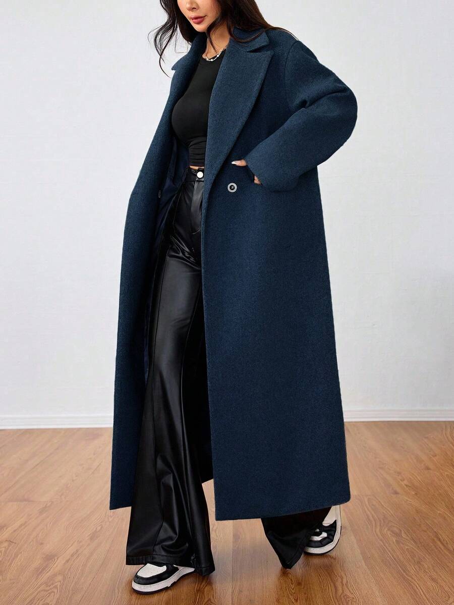 SHEIN Unity Casual Lapel Long Overcoat - Navy Blue - View 1