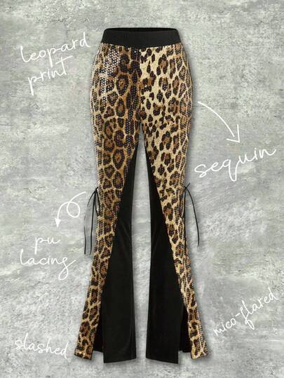 Y2Kool Ariqdhaksinargha Pantalones casuales de ajuste ceñido con diseño de parches de lentejuelas con estampado de leopardo multicolor, adecuados para otoño/invierno, vacaciones, fiestas, uso diario. Idea de combinación de ropa sexy y elegante, nueva colección de atuendos para Año Nuevo