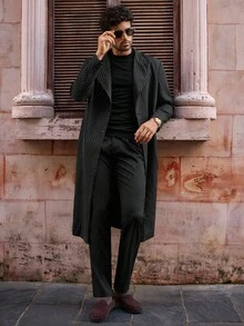 Manfinity VCAY Men's Casual Black & White Vertical Striped Mid-Length Windbreaker, Autumn/Winter - Black and White - View 3