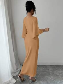 Elenzga Elegant Knitted High Elasticity Batwing Sleeve V-Neck Twist Design Mid-Length Dress For Women