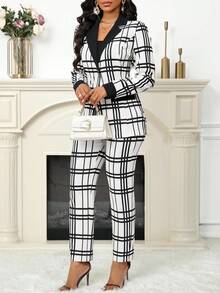 SHEIN Lady 格纹印花拼接黑领女西装外套女西装裤秋冬季日常工作聚会西装女两件套 - 黑與白 - 查看 3