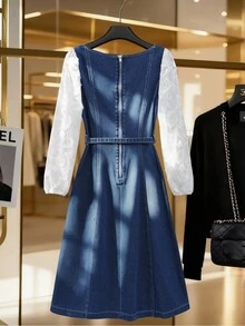 GlowEve Women's Lace Patchwork Puff Sleeve Denim Dress - Medium Wash - View 2