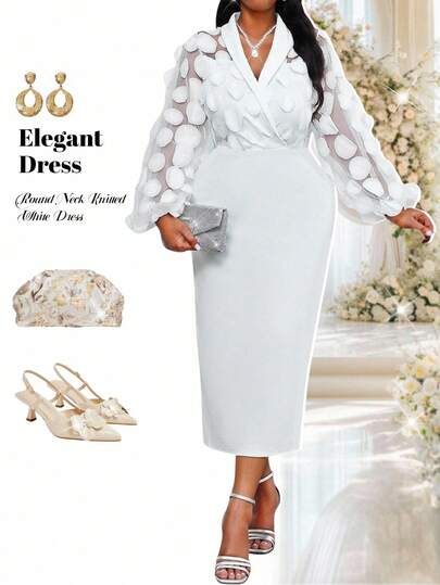 Fleurora Spring, Summer, Autumn And Winter Knitted Fabric White Round Neck Waist Ruffle Trim Three-Dimensional Mesh Sleeve 3D Three-Dimensional Flower Plus Size Top