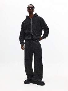 SUMWON Washed Heavyweight Loose Fit Joggers With Applique Effect Winter Casual Streetwear Cotton Wide Leg Cargo Pants With Chunky Platform Boots - Black - View 4