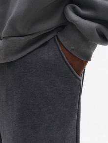 SUMWON 经典款重磅棉混纺拼接慢跑运动裤，宽松版型，休闲秋冬居家服，侧边口袋，弹性裤脚，纯色 - 深灰色 - 查看 5