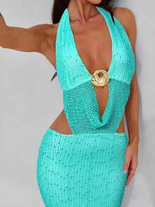 Aloruh 女式度假深 V 海星纯色米色纹理挂脖露背高开衩连衣裙 - 藍色 - 查看 7