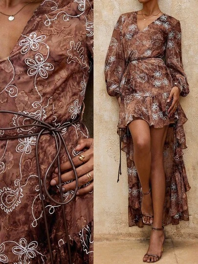 SHEIN Privé VITNOS 高端 3D 立体花卉亮片刺绣女士对称优雅荷叶边摆棕色迷你连衣裙，配皮质腰带，秋季新款女装，适合晚宴、秋冬时尚、优雅休闲装、派对奢华礼服、秋日时尚、派对造型、周末装扮、魅力连衣裙、秋冬职场装扮、精致浪漫、梦幻浪漫礼服、秋季派对魅力优雅连衣裙、教师装、女士奢华晚礼服、派对优雅连衣裙、垂坠连衣裙、商务休闲装、毕业舞会礼服，适合约会、外出、夜生活、派对、婚礼、假日、度假、生日派对等场合
