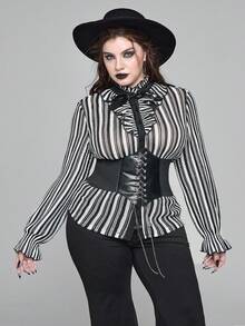 ROMWE Gothic Style Ruffle Trim Striped Blouse, School Inspired Plus Size Women Shirt - Black and White - View 6