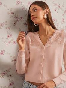 Enchnt Cardigan a maniche lunghe con decorazione floreale 3D monopetto da donna