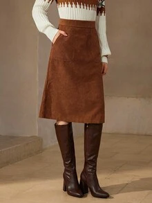 Wildy High Waist Slant Pocket Corduroy Skirt