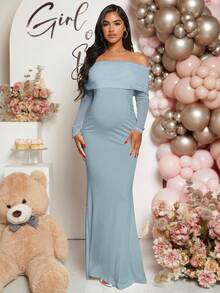 Loomaby Pregnant Women Off-Shoulder Fishtail Baby Shower Long Sleeve Dress For Maternity