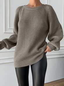 EURMUSE Women's Autumn/Winter Minimalist Casual Solid Color Ribbed Knit Raglan Sleeve Sweater - Maroon - View 4