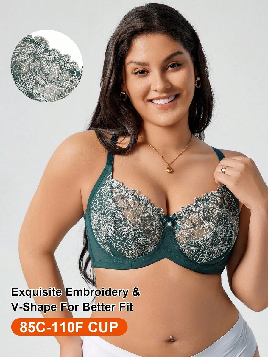 SHEIN 1pc Plus Size Women Floral Embroidery Bow Decor Underwire Bra - Multicolor - View 1