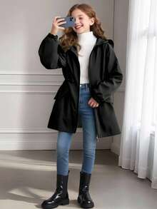 少女束腰连帽中长款轻便夹克，适合秋季日常穿着 - 黑色 - 查看 1