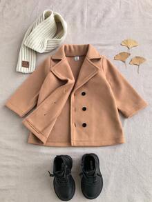 SHEIN 1pc Infant Boys & Girls Fashionable Minimalist Street Style Khaki Lapel Long Sleeve Mid-Length Trench Coat, Suitable For Daily Wear, School, And Photography, Autumn/Winter