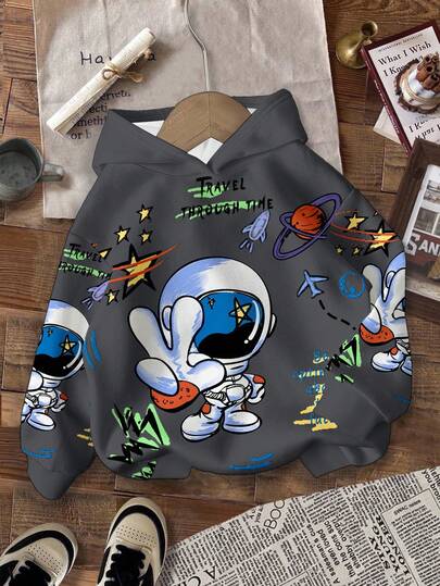 Young Boys Casual Loose Comfortable Daily Soft Outer Space Astronaut Adventure Graphic Print Knit Long Sleeve Sweatshirt,In Fall/Winter