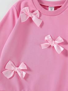 SHEIN 2件套年轻女孩简约时尚粉色蝴蝶结黑色上衣和粉色裤子运动服套装 - 粉色 - 查看 5