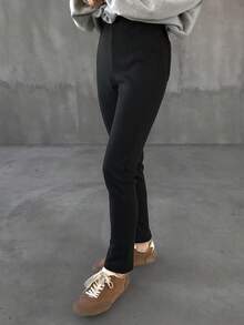 FRIFUL Women's Black Solid Color Pocket Woven Label Decor Thermal Lining Slim Fit Casual Leggings, Versatile Autumn/Winter Tights - Grey - View 4