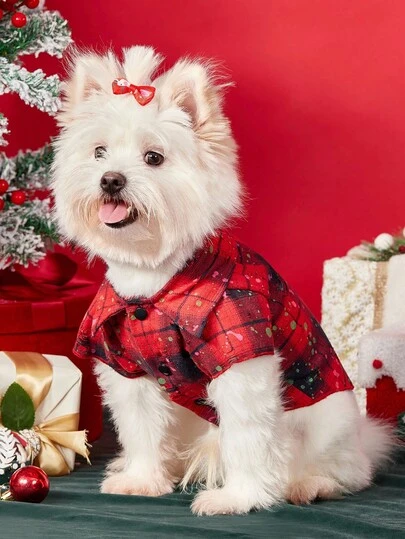 PETSIN 1PC Pet Cat Dog Universal Christmas Red Checkered Ink Splash Fashion Handsome Comfortable Dog Shirt