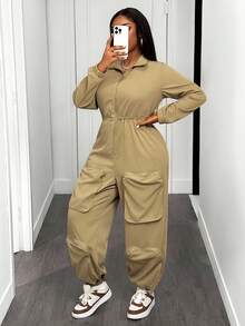 Slaydiva Combinaison grande taille, style urbain décontracté, pour festival de musique, Pâques, fête d'anniversaire, usage quotidien, polyvalente, couleur unie, poches cargo exagérées, manches longues, cordon de serrage à la taille, automne/hiver 2025 - Kaki