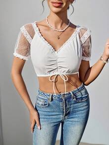 SHEIN LUNE Contrast Lace Trim Asymmetrical Hem Crop Shirt For Women, Milky White, Dirndl - White - View 4