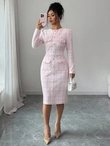 Elenzga 女士秋冬新款通勤百搭修身收腰圆领针织连衣裙