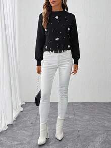 EMERY ROSE Floral Pattern Raglan Sleeve Sweater Fall Winter Cloth For Women - Black - View 6