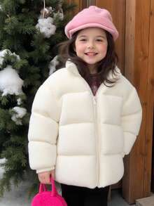 SHEIN Young Girls Casual Solid Color Cute Fluffy Jacket, Faux Shearling Cropped Padded Coat, Winter Fall - Apricot - View 3