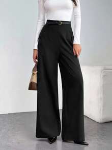 SHEIN Tall 高腰休闲阔腿裤，适合返校和通勤 - 黑色 - 查看 9