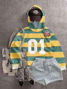 SHEIN EZwear Áo nỉ in họa tiết với các sọc tương phản rực rỡ, hình ảnh huy hiệu số, phù hợp cho mùa thu/đông, các cuộc đua, phong cách đường phố retro sành điệu. - Nhiều màu - Xem 5