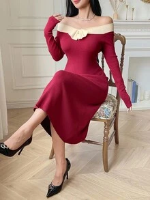 DAZY French Off Shoulder High-Quality Fitted Long Sleeve Knit Dress With Bow Decor, Autumn/Winter Sweater Dress - Burgundy - View 8