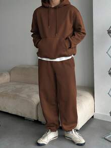 DAZY 男士纯棕色保暖连帽卫衣套装，秋冬季保暖款 - 棕色 - 查看 4
