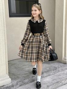 SHEIN 青少年女孩梭织格子紧身休闲连衣裙 - 黑色 - 查看 2