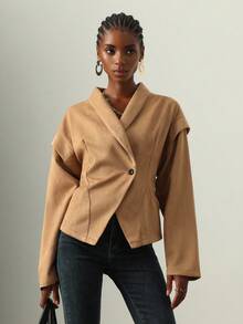 Lyxana Áo khoác nữ màu trơn bó eo, thích hợp khi đi làm - Màu Khaki - Xem 3