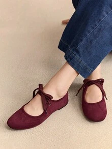 Rosivie Women's New Black Round Toe Flat Shoes, Elastic Leather Fashion Ballet Flats, Comfortable Non-Slip Outsole Suitable For Outdoor, Daily Commute, Spring/Summer For Christmas - Burgundy - View 3