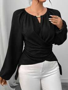 Elenzga 女式串珠裹身式束腰衬衫，秋冬 - 黑色 - 查看 4