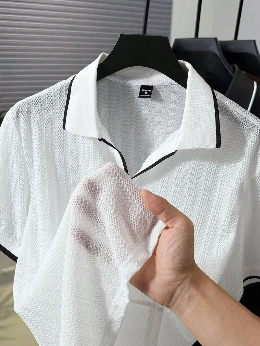 Manfinity Homme 男式撞色饰边休闲 Polo 衫 - 白色 - 查看 1