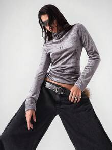 LYSMO 2025 New Arrive Minimalism Fall Women's Grey Solid Color Turtleneck Top Gothic Back To School, Homecoming, 2000s Style, Y2K Women, Streetwear New Year Halloween Costumes - Grey - View 1