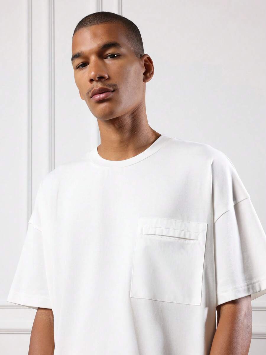 SUMWON 宽松常规版型必备T恤，实用口袋，日常街头风，优质棉混纺，圆领，基础衣橱经典夏季休闲纯色 - 白色 - 查看 1