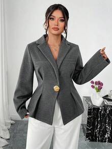 Firerie Blazer de talla grande de unicolor con cintura ceñida, adecuado para el trabajo, otoño/invierno - Gris - Ver 3