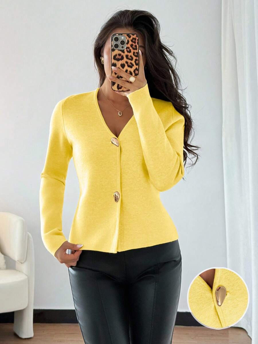 SHEIN ChicEase Women's Slim Fit Khaki Minimalist Daily Wear Deep V-Neck Asymmetric Metal Button Cardigan - Yellow - View 1