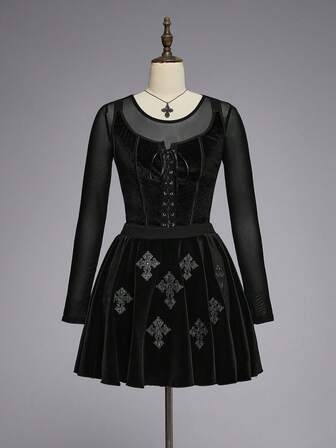 EDITION Damen Gothic Palast Vintage Kreuz Reben Stickerei Samt A-Linie Rock
